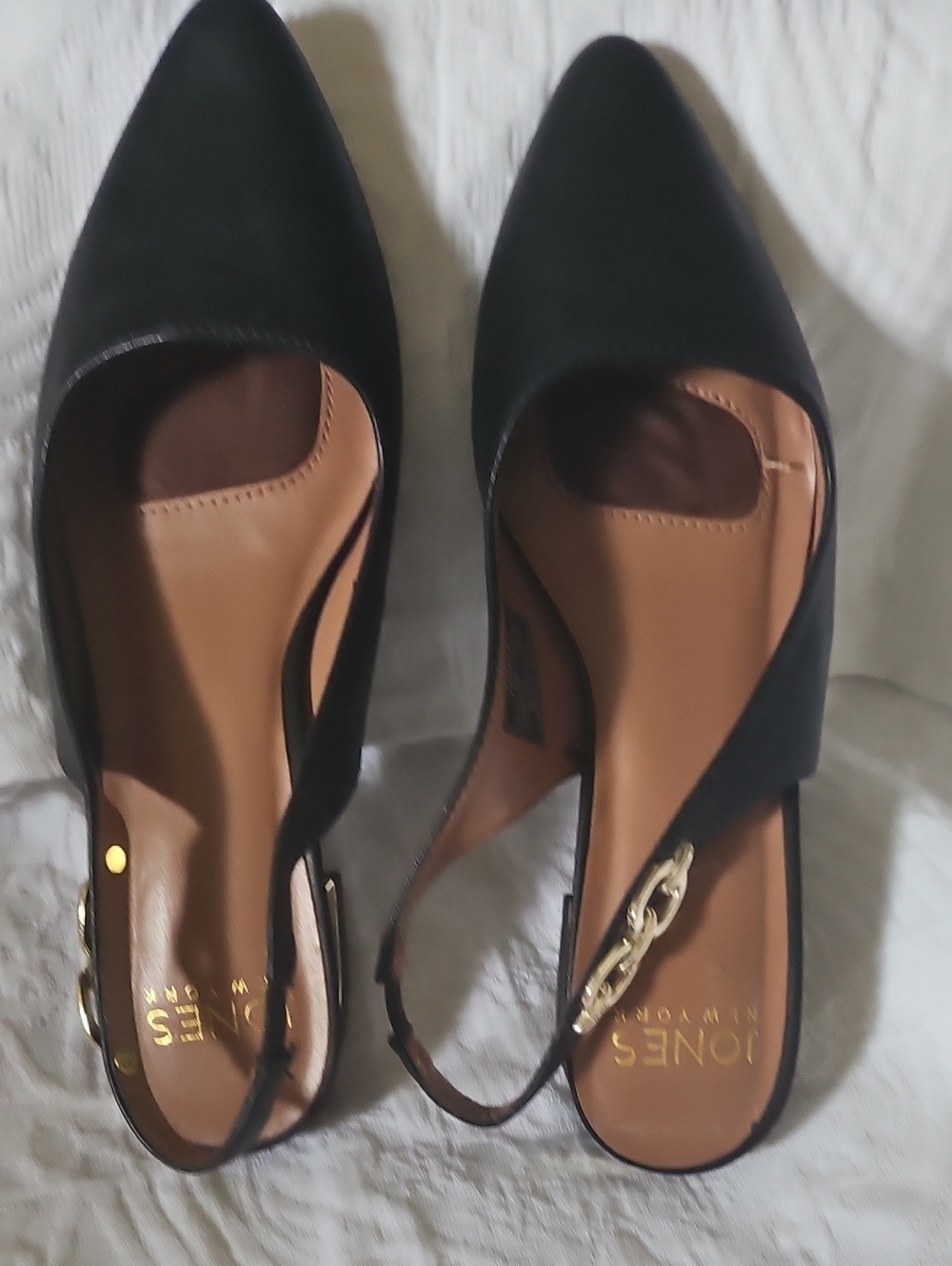 Jones New York Black Pointed Slingback Flats with Gold Chain Accent